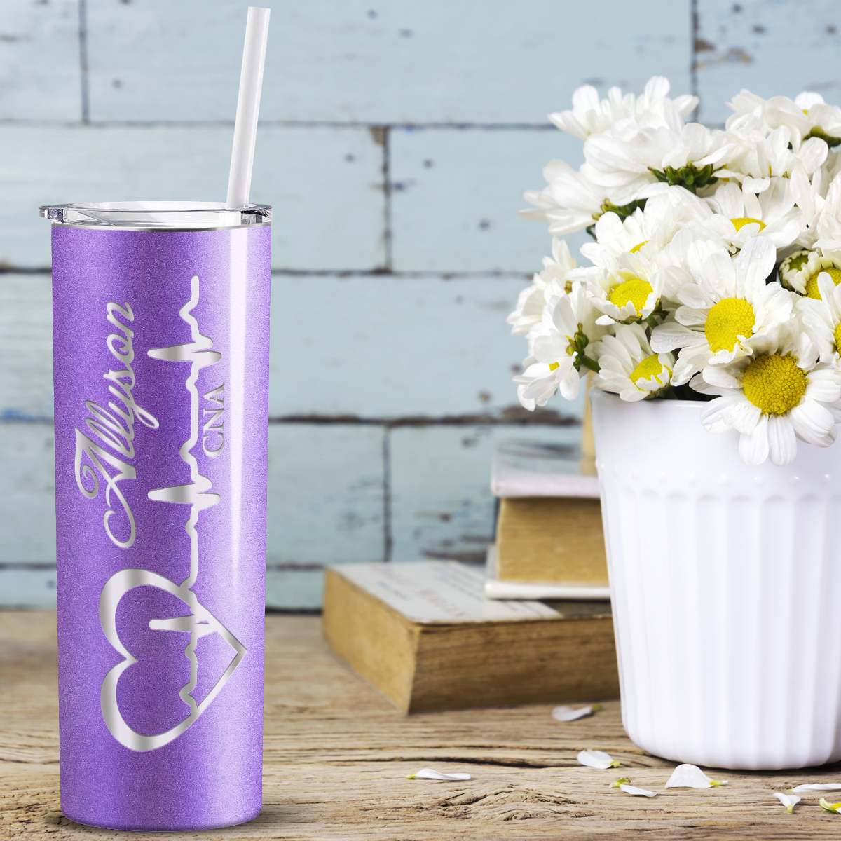 Personalized Nurse Laser Engraved 20oz Skinny Tumbler - Lavender Glitter