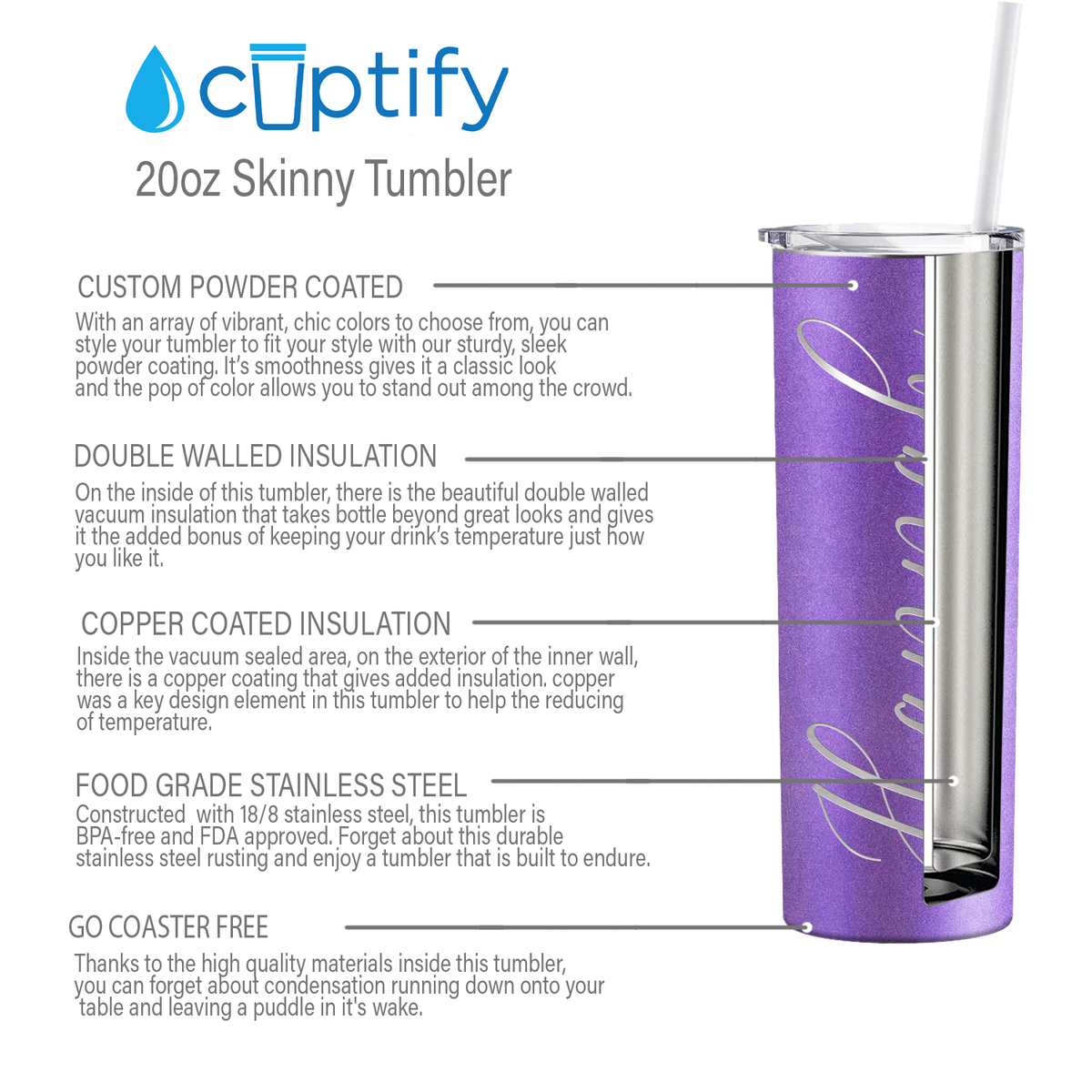 Personalized Engraved 20 oz Skinny 20oz Tumbler - Lavender Glitter