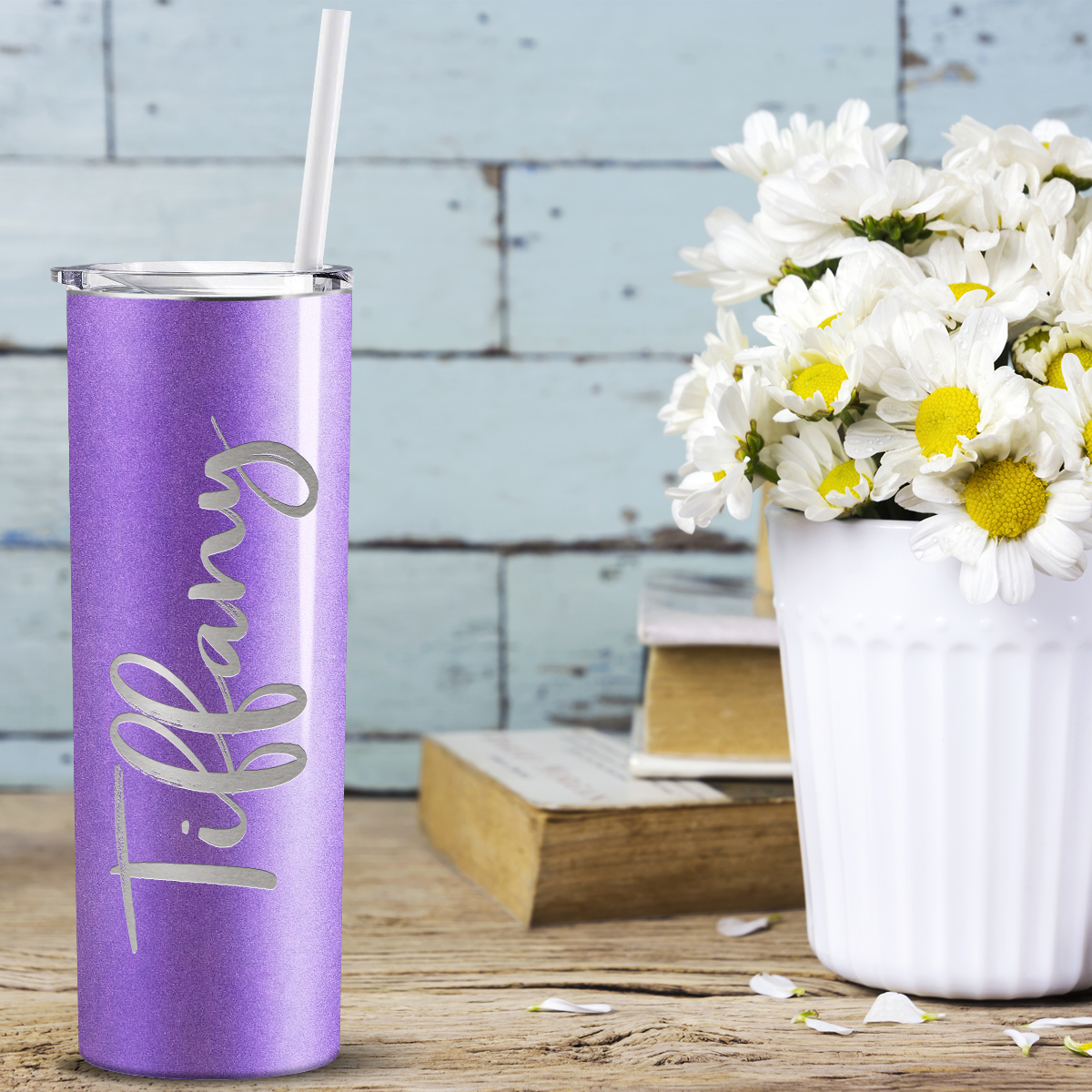 Personalized Engraved 20 oz Skinny 20oz Tumbler - Lavender Glitter