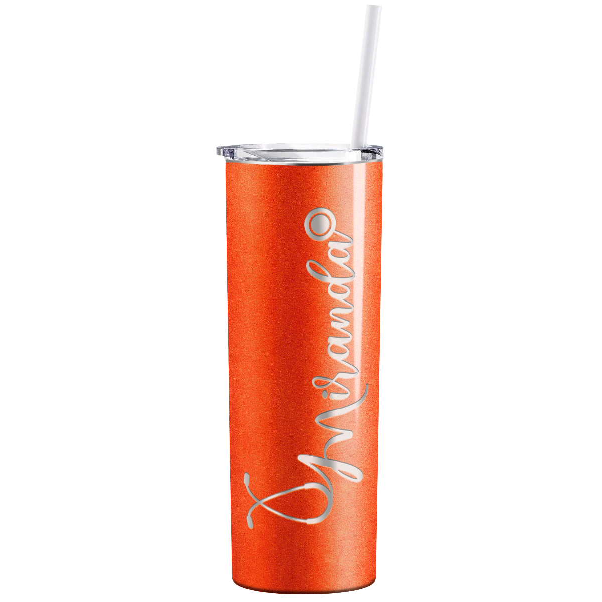 Personalized Nurse Laser Engraved 20oz Skinny Tumbler - Orange Tangerine Glitter