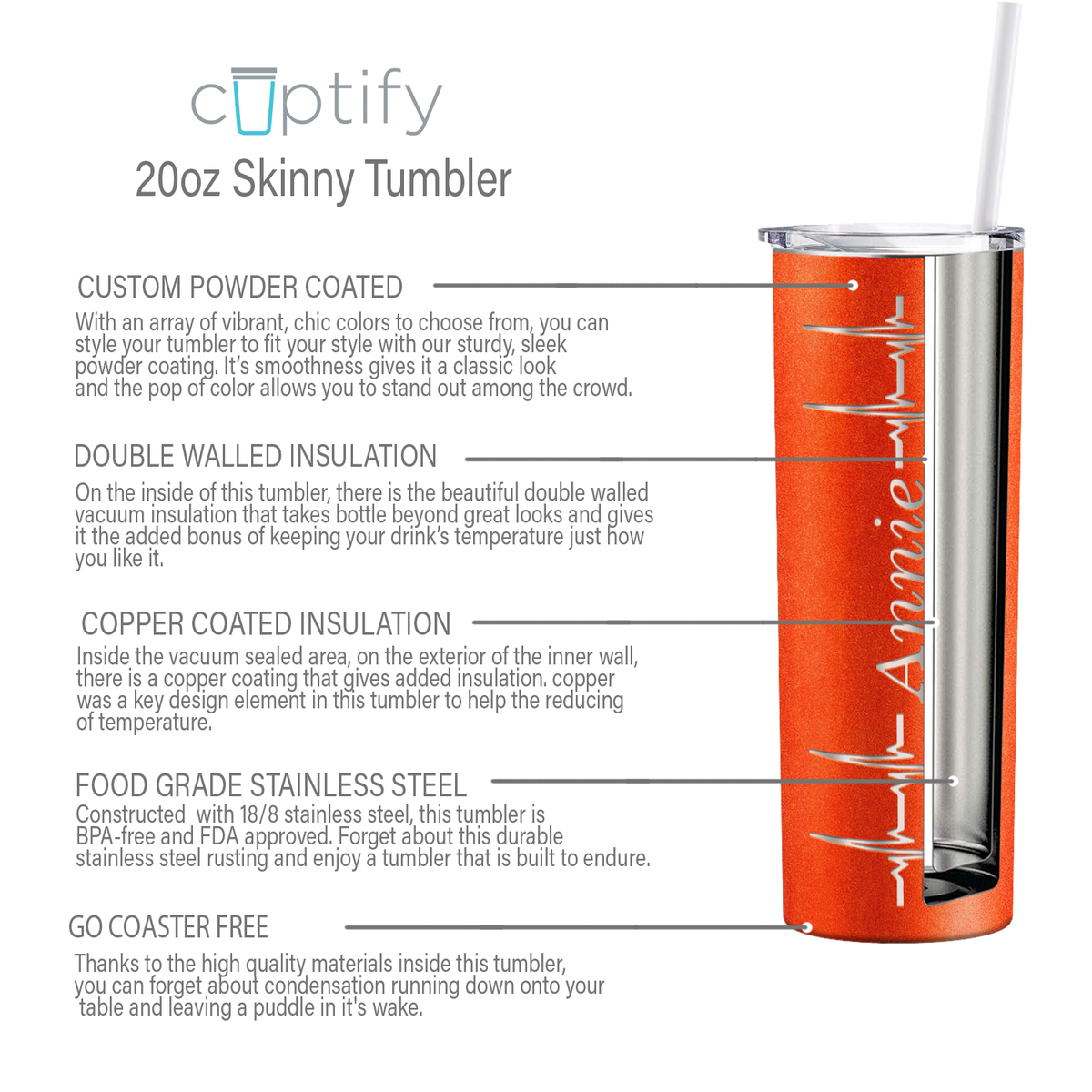Personalized Nurse Laser Engraved 20oz Skinny Tumbler - Orange Tangerine Glitter