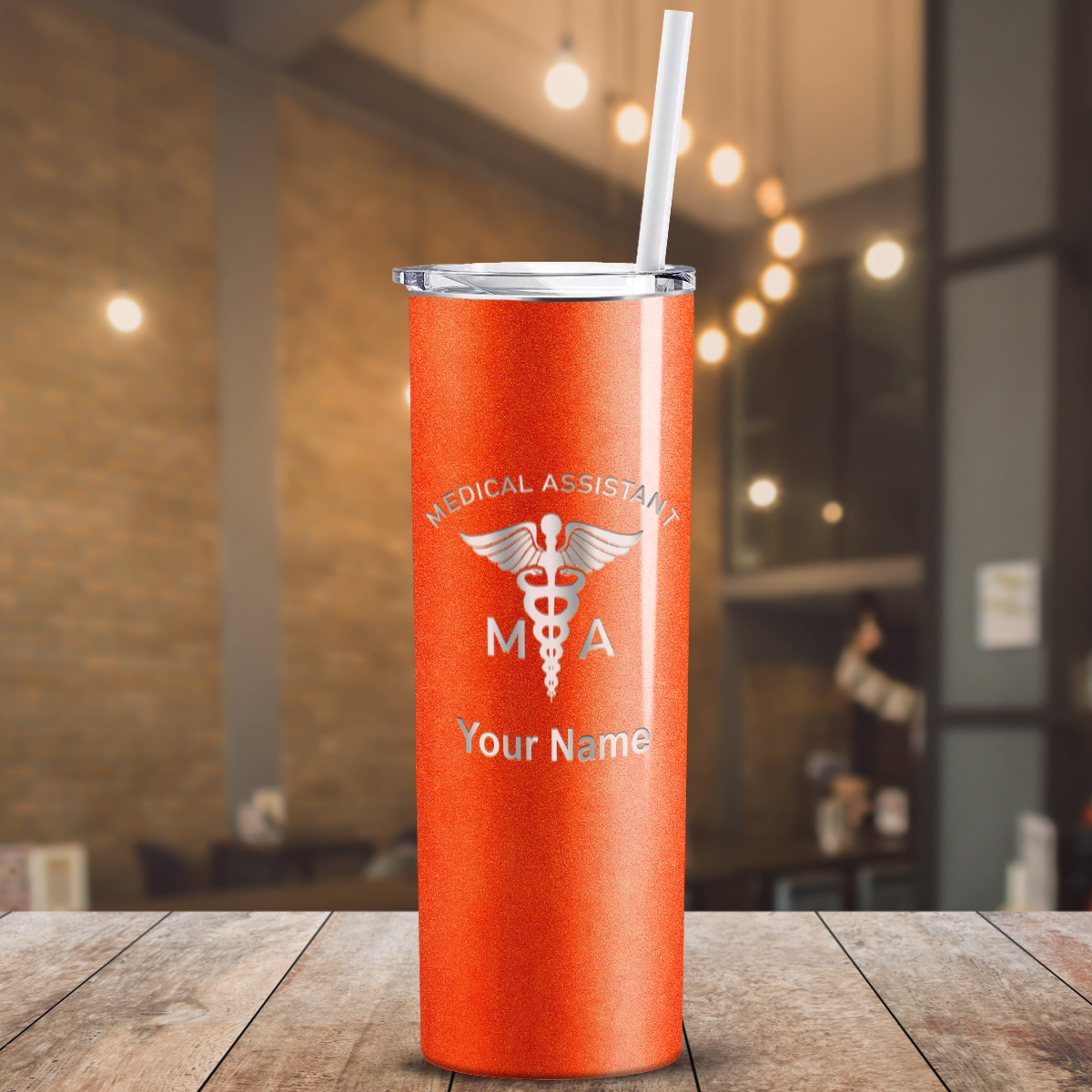 Personalized Nurse Laser Engraved 20oz Skinny Tumbler - Orange Tangerine Glitter