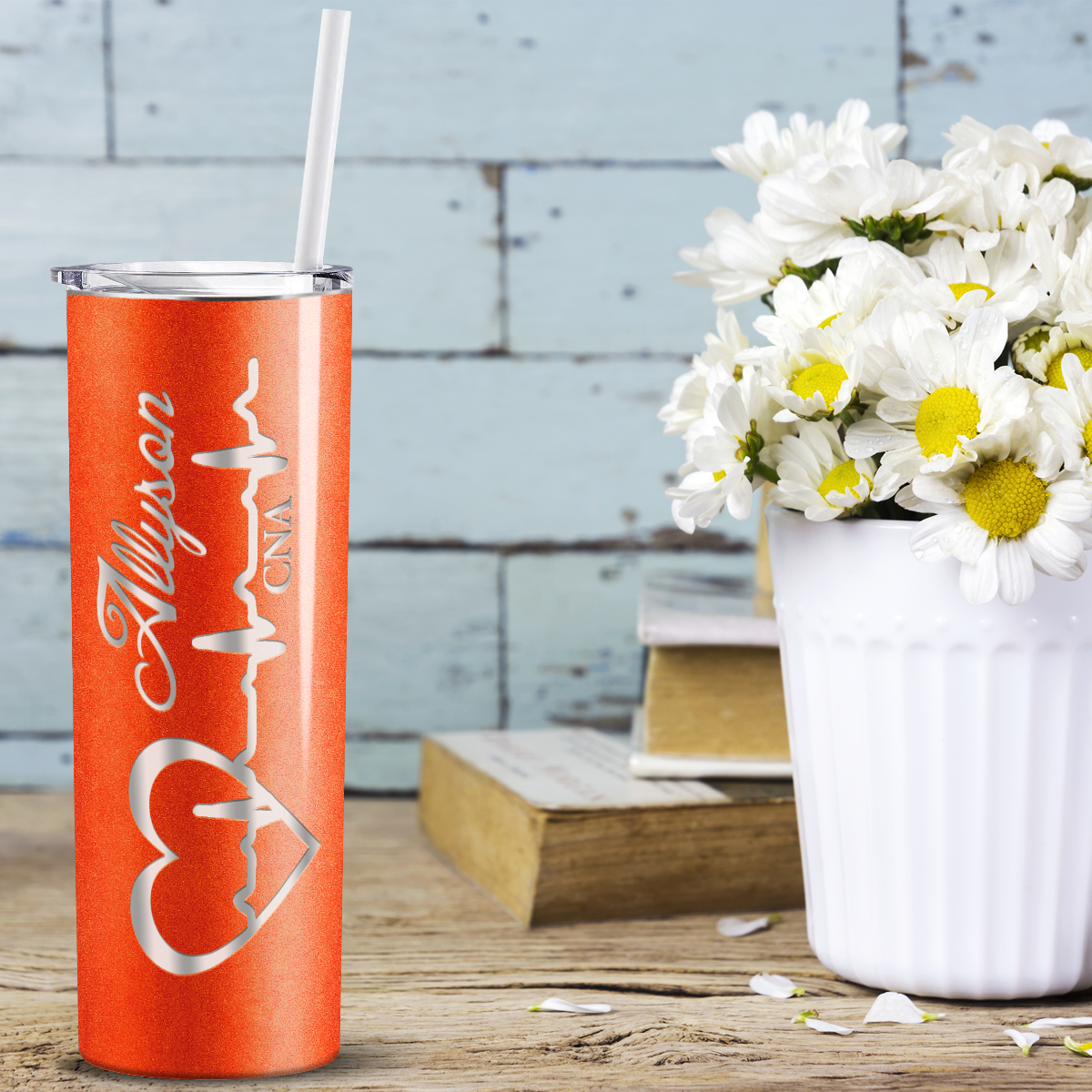 Personalized Nurse Laser Engraved 20oz Skinny Tumbler - Orange Tangerine Glitter