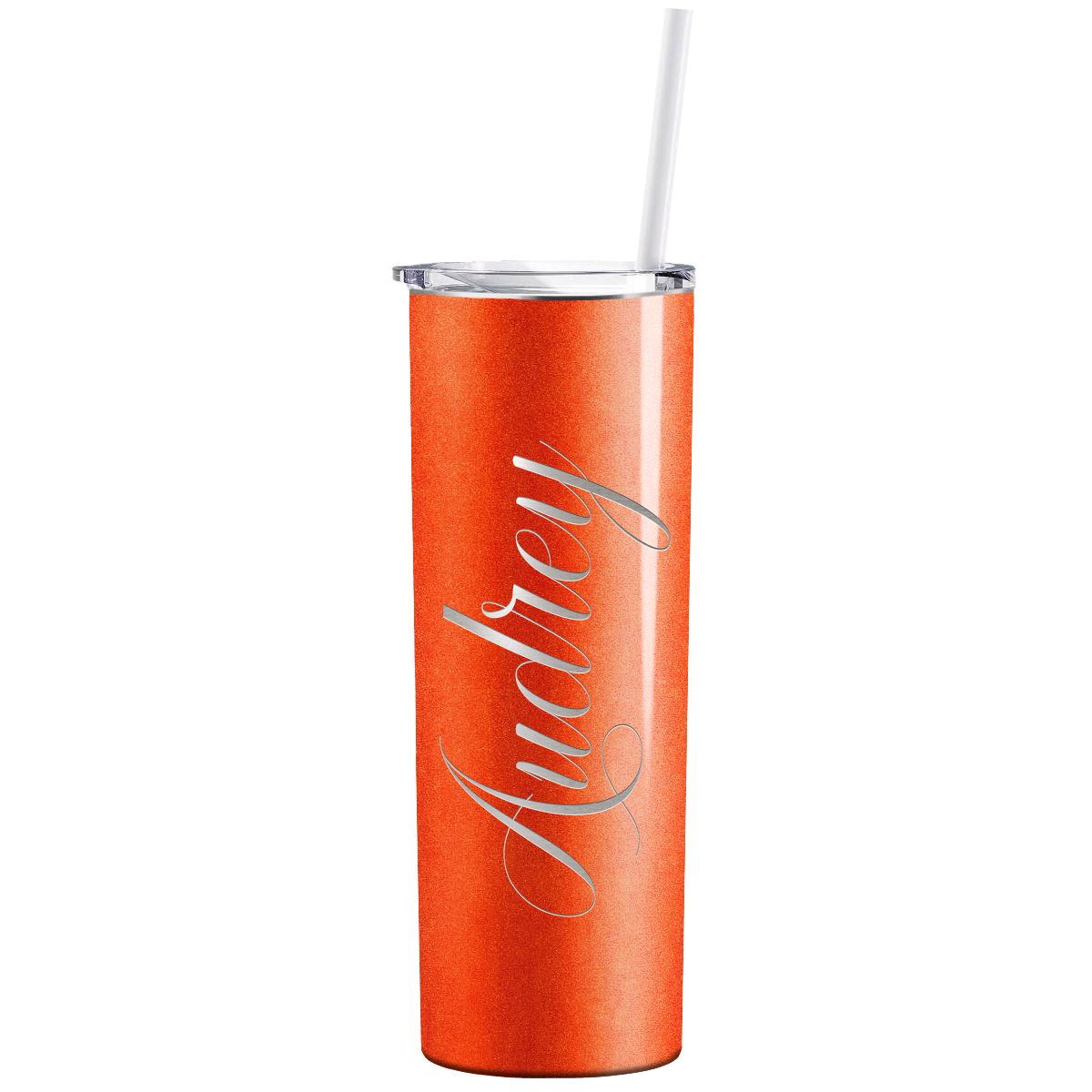 Personalized Engraved 20 oz Skinny 20oz Tumbler - Orange Tangerine Glitter