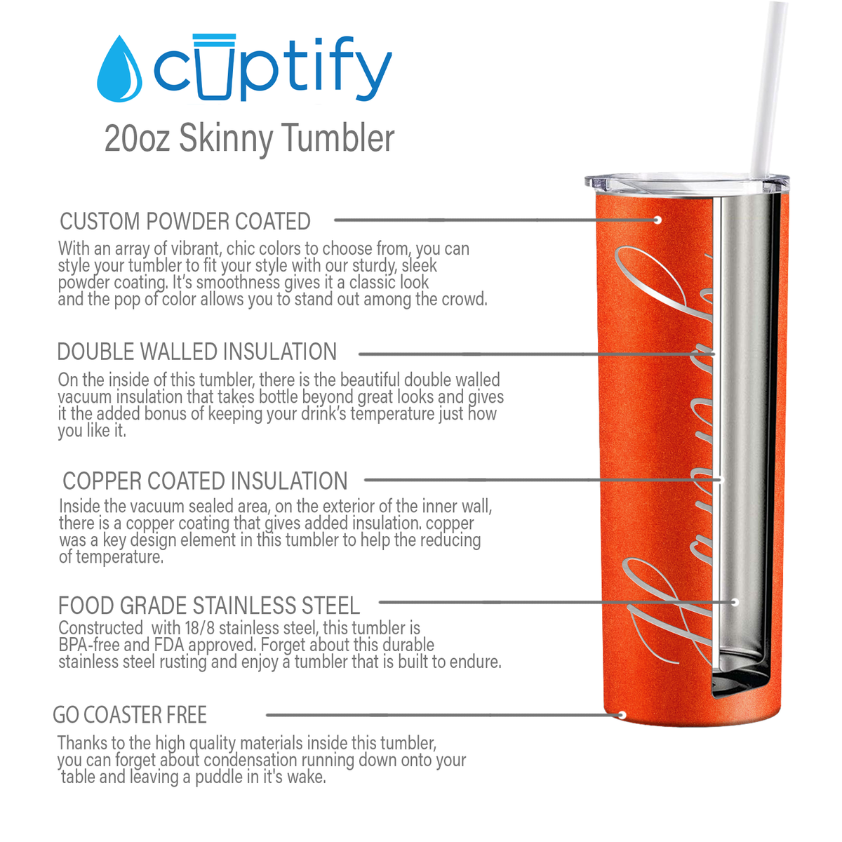 Personalized Engraved 20 oz Skinny 20oz Tumbler - Orange Tangerine Glitter