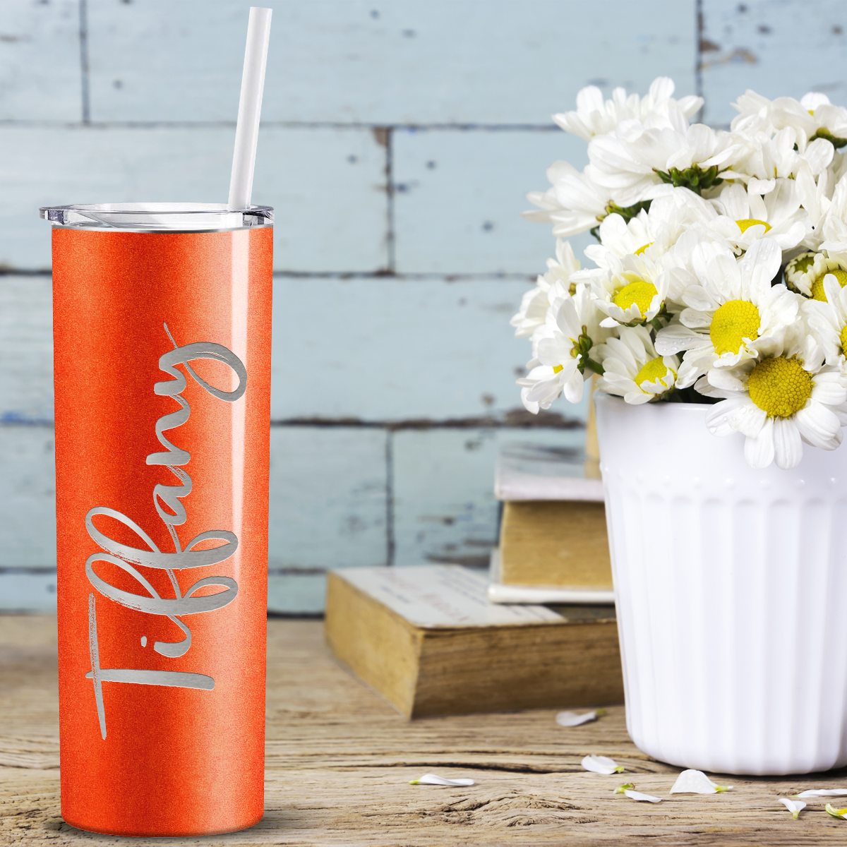 Personalized Engraved 20 oz Skinny 20oz Tumbler - Orange Tangerine Glitter
