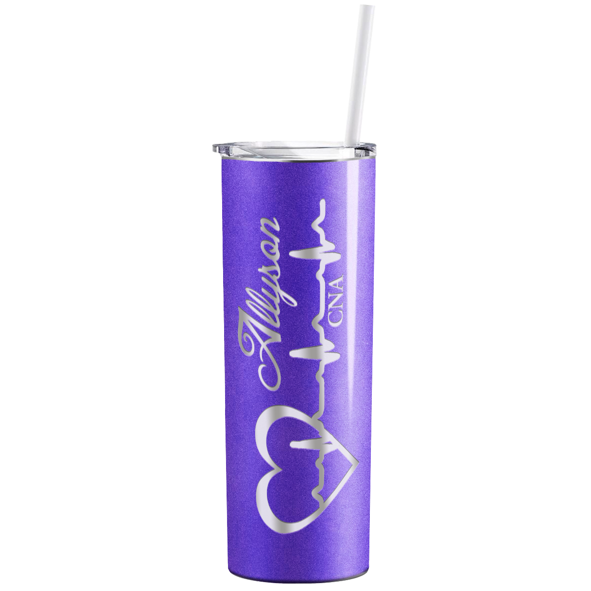 Personalized Nurse Laser Engraved 20oz Skinny Tumbler - Purple Glitter