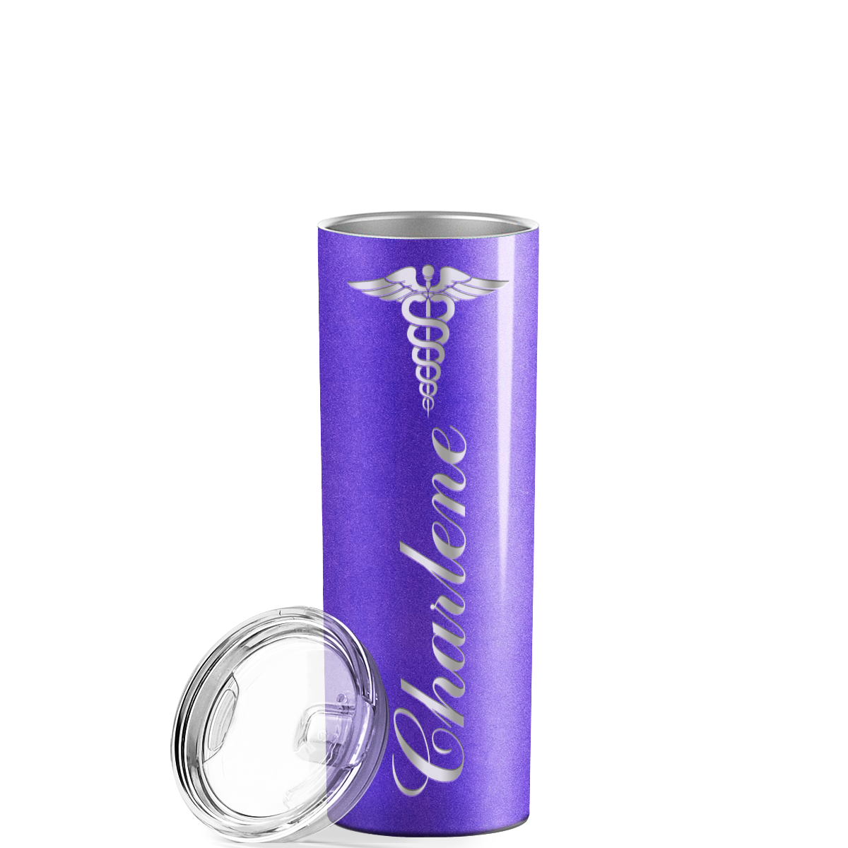 Personalized Nurse Laser Engraved 20oz Skinny Tumbler - Purple Glitter