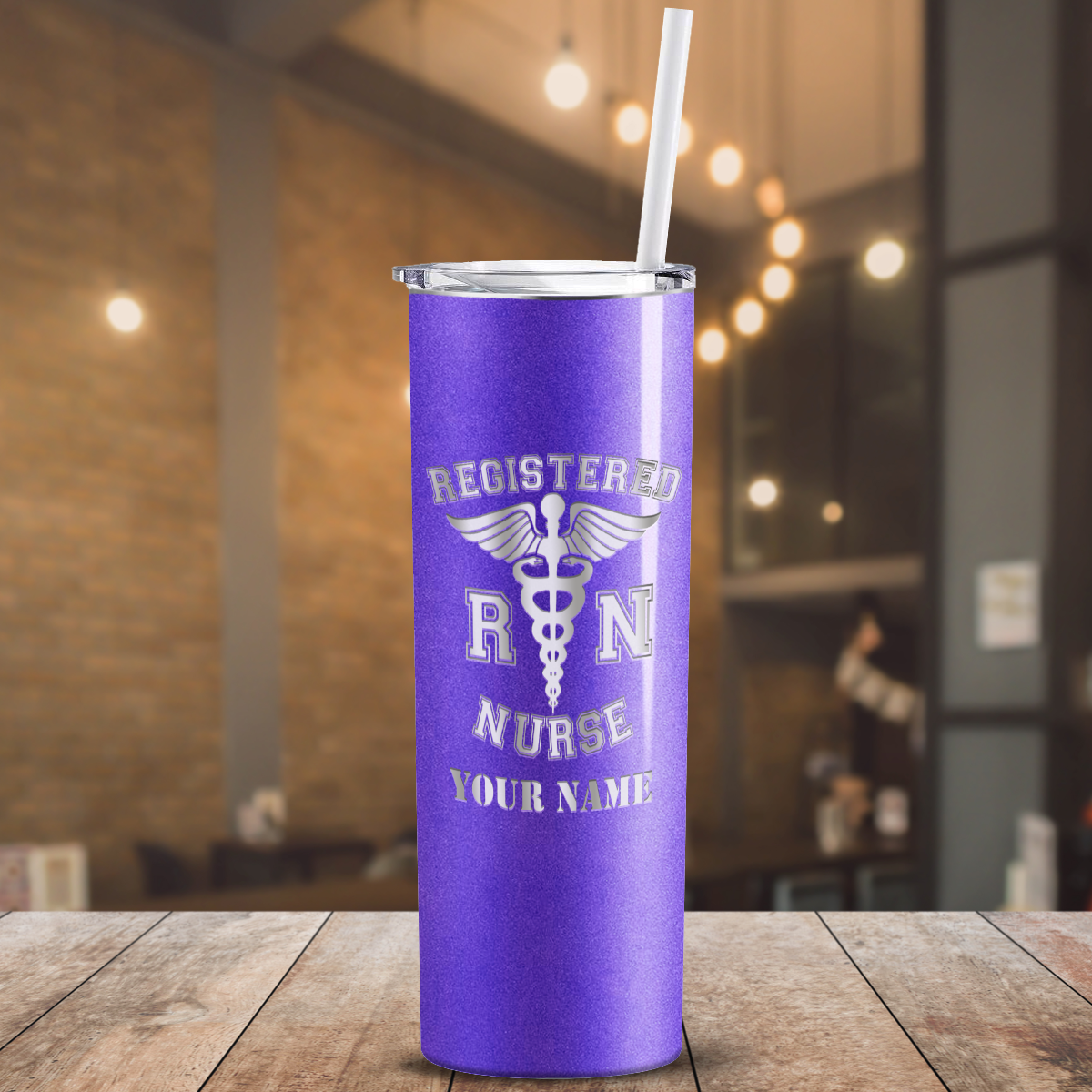 Personalized Nurse Laser Engraved 20oz Skinny Tumbler - Purple Glitter