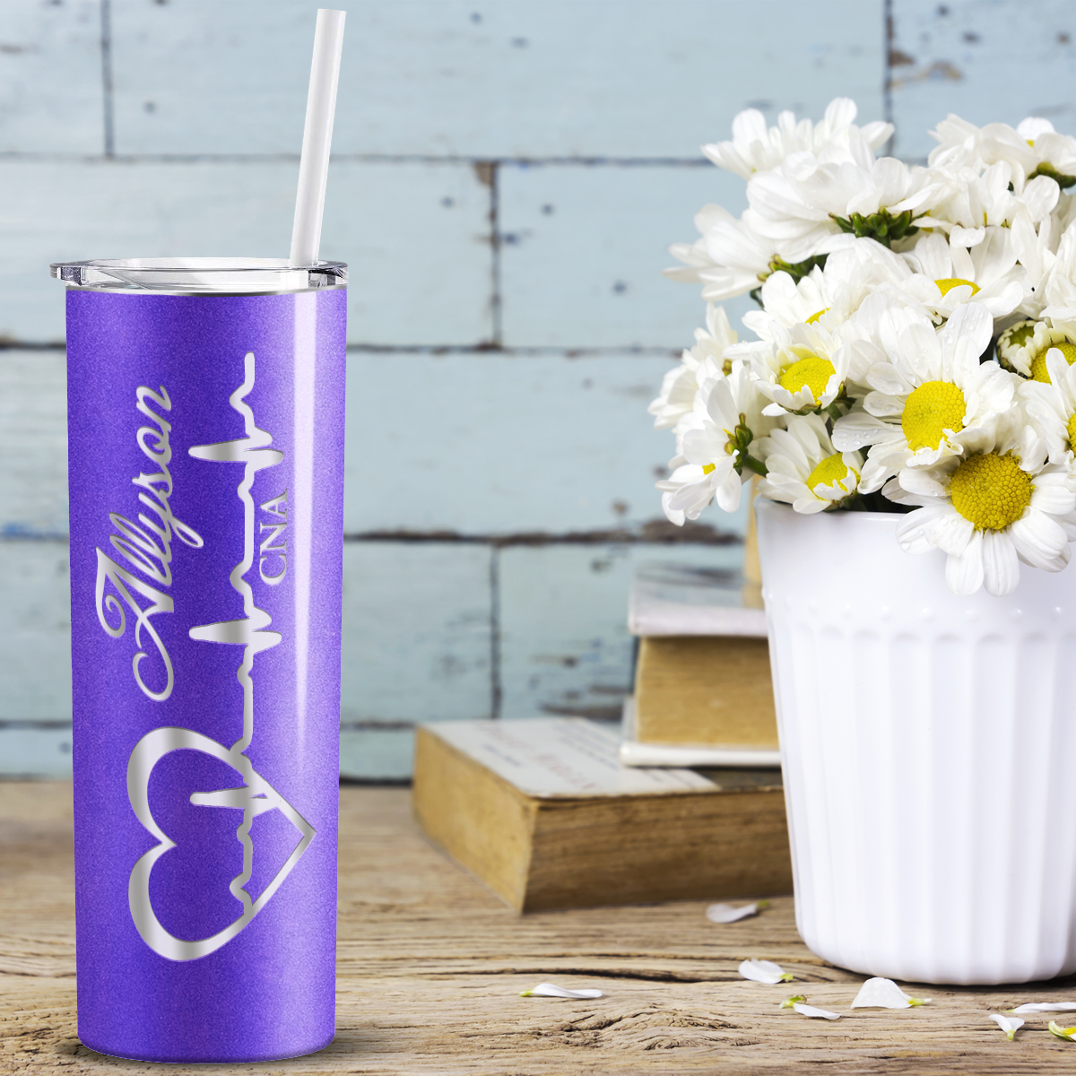 Personalized Nurse Laser Engraved 20oz Skinny Tumbler - Purple Glitter