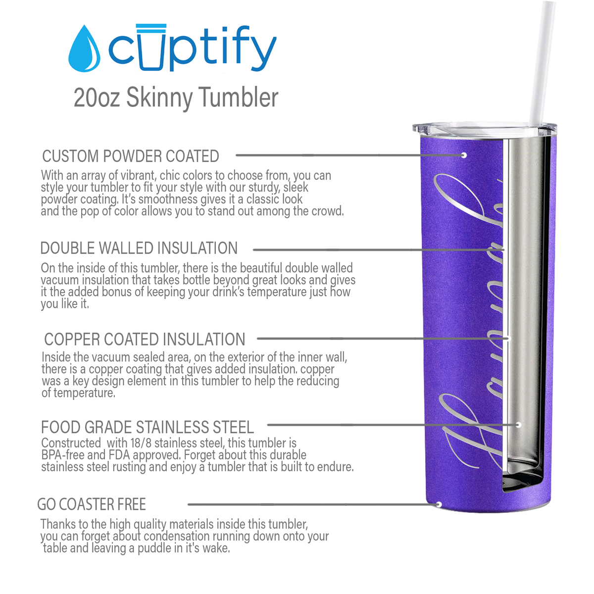 Personalized Engraved 20 oz Skinny 20oz Tumbler - Purple Glitter