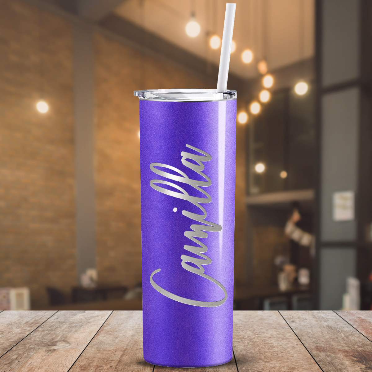 Personalized Engraved 20 oz Skinny 20oz Tumbler - Purple Glitter