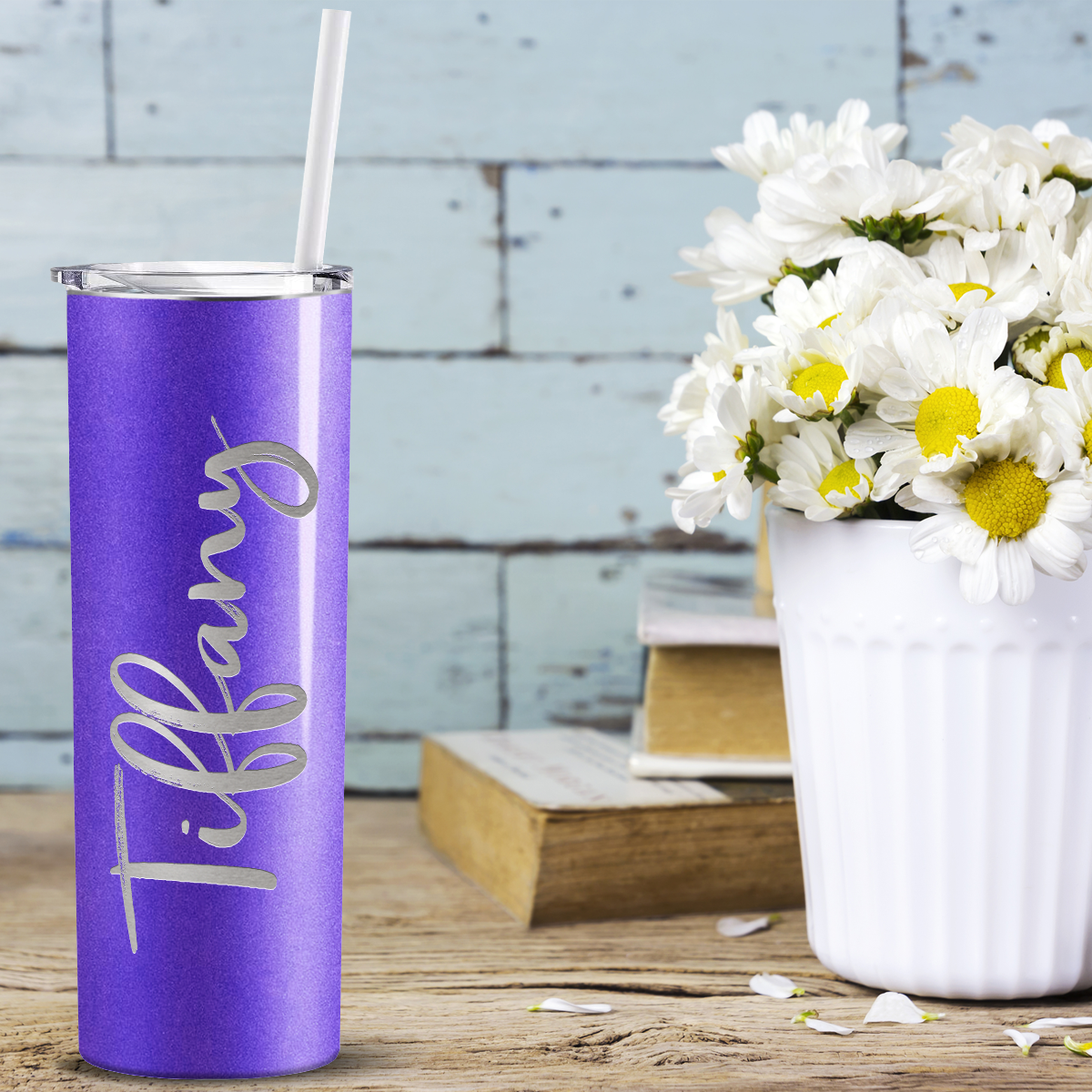 Personalized Engraved 20 oz Skinny 20oz Tumbler - Purple Glitter