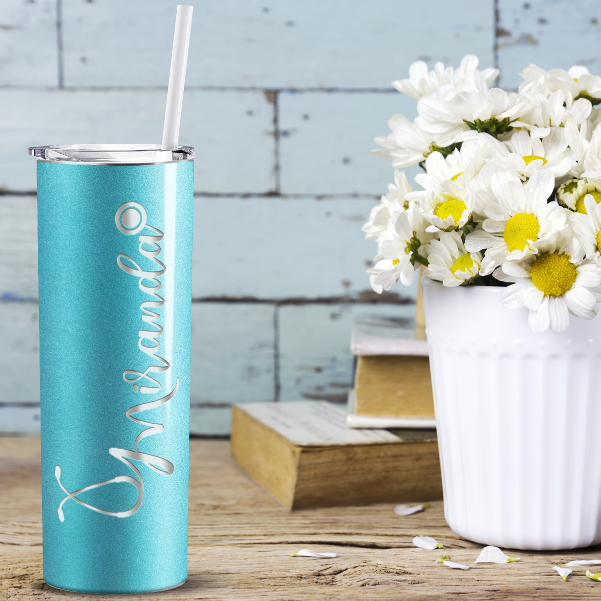 Personalized Nurse Laser Engraved 20oz Skinny Tumbler - Teal Glitter