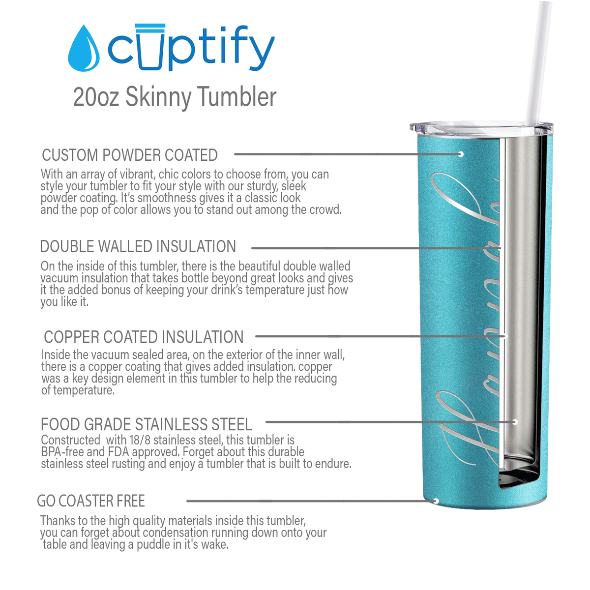 Personalized Engraved 20 oz Skinny 20oz Tumbler - Teal Glitter