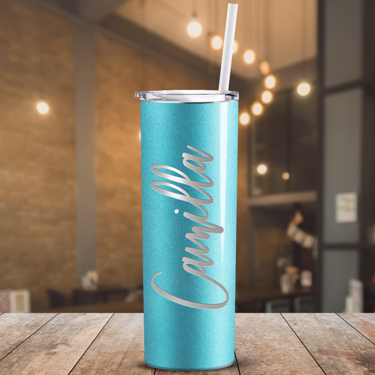 Personalized Engraved 20 oz Skinny 20oz Tumbler - Teal Glitter