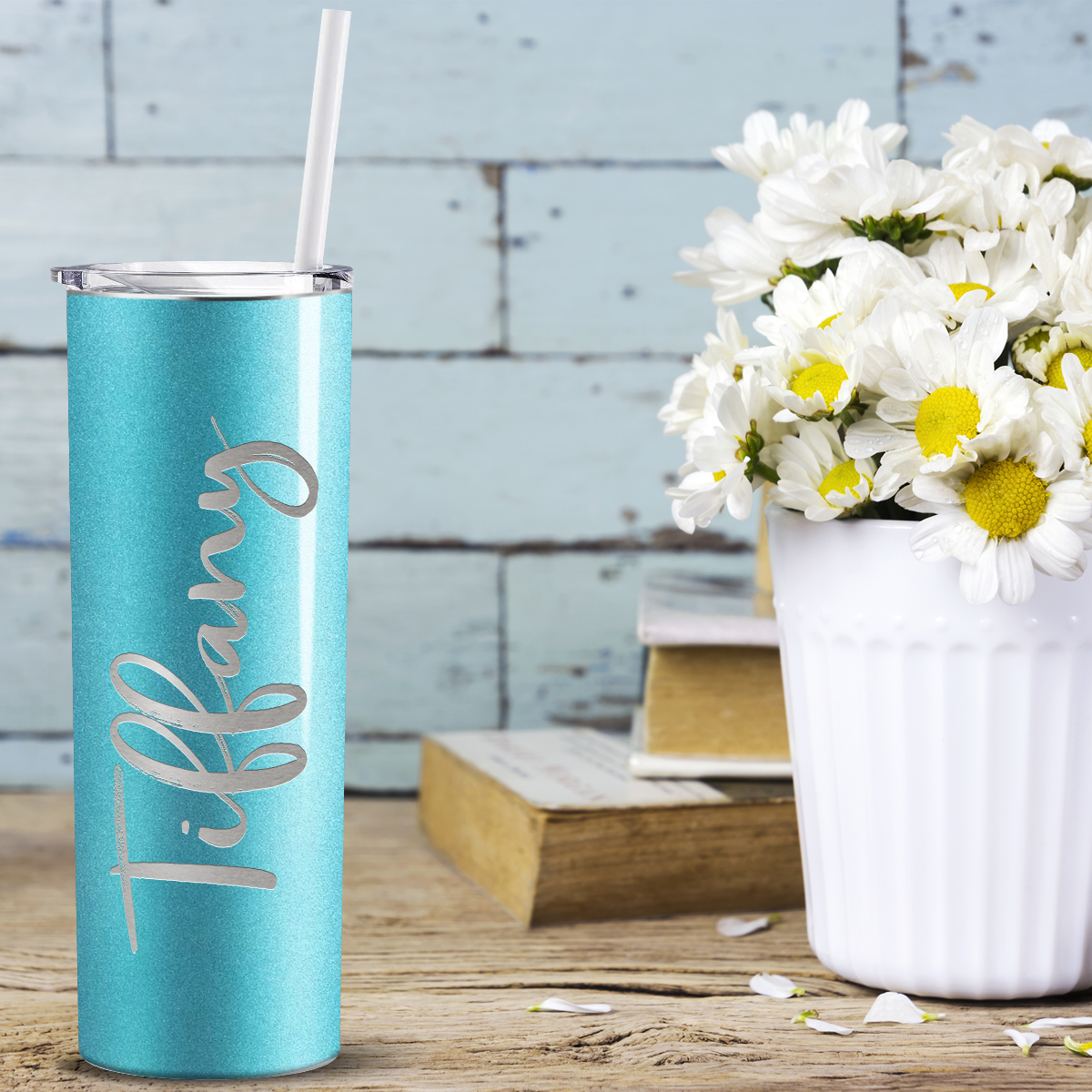 Personalized Engraved 20 oz Skinny 20oz Tumbler - Teal Glitter
