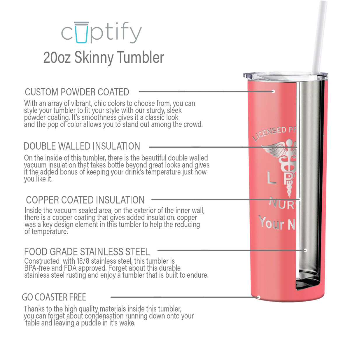 Personalized Nurse Laser Engraved 20oz Skinny Tumbler - Guava Gloss