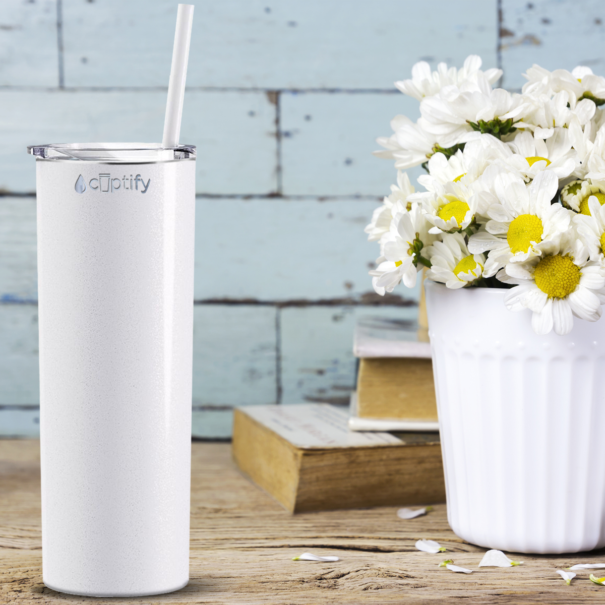  White Glitter Skinny Tumbler