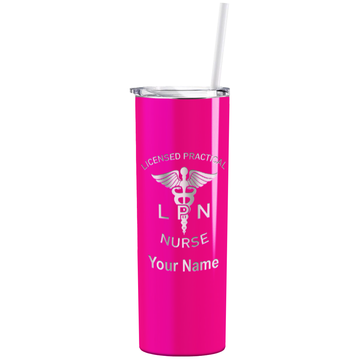 Personalized Nurse Laser Engraved 20oz Skinny Tumbler - Hot Pink Gloss