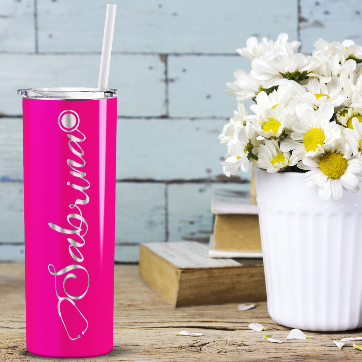 Personalized Nurse Laser Engraved 20oz Skinny Tumbler - Hot Pink Gloss