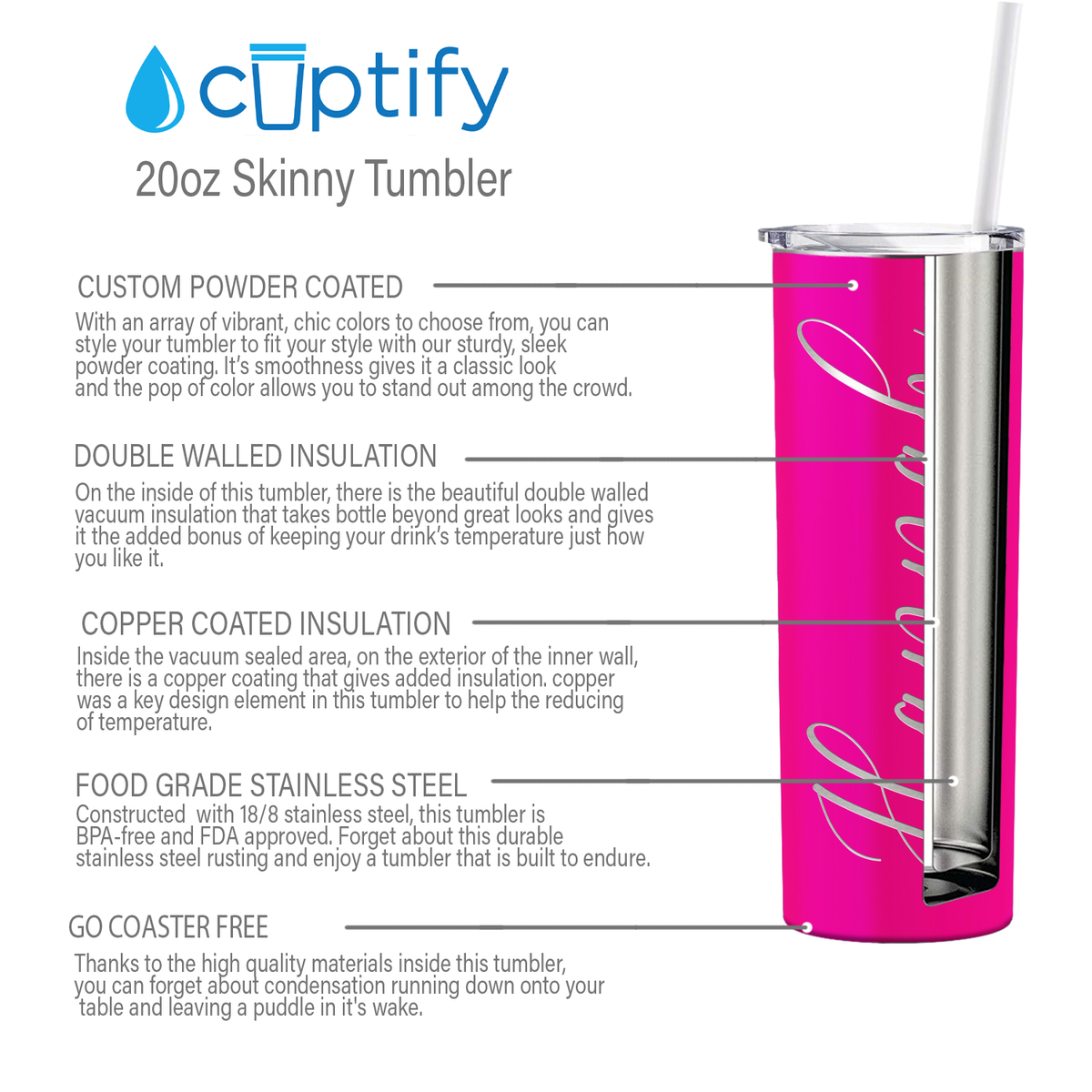 Personalized Engraved 20 oz Skinny 20oz Tumbler - Hot Pink Gloss