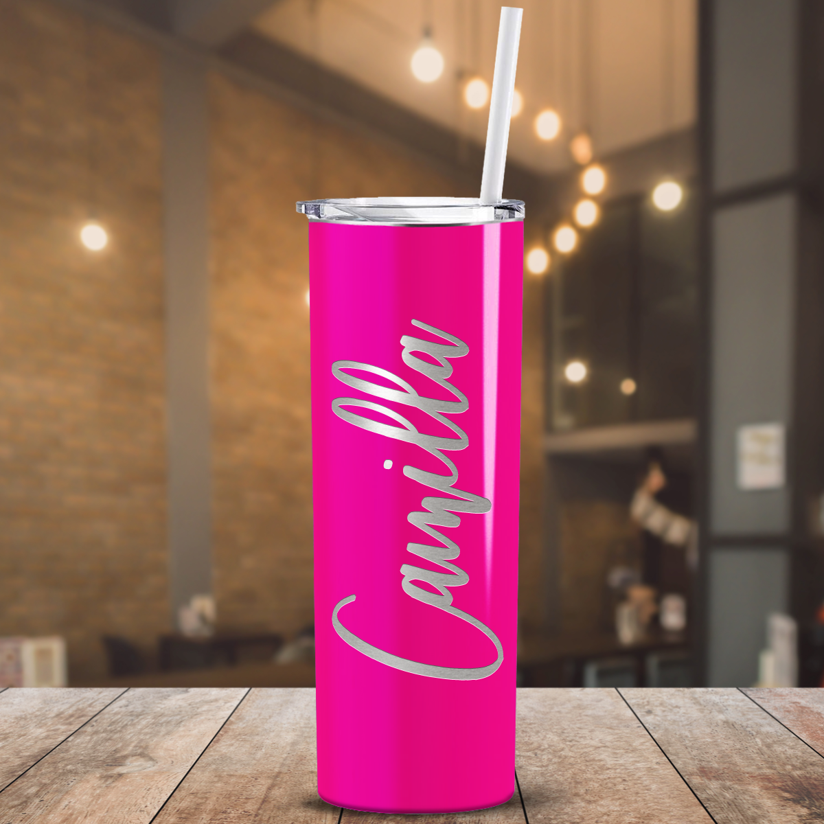 Personalized Engraved 20 oz Skinny 20oz Tumbler - Hot Pink Gloss