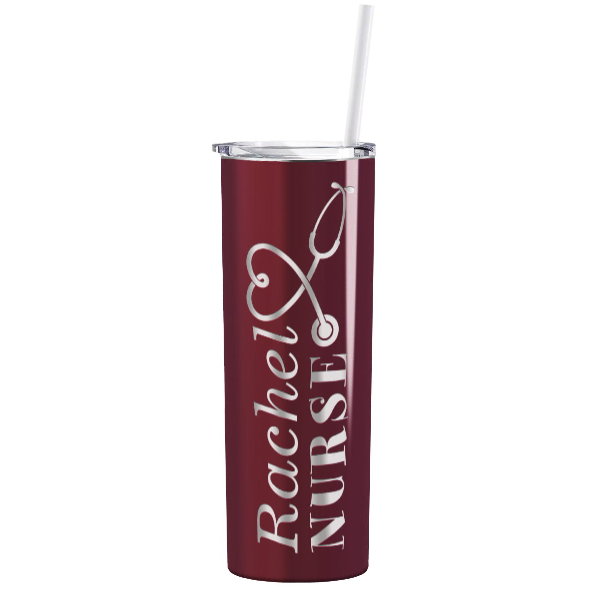 Personalized Nurse Laser Engraved 20oz Skinny Tumbler - Maroon Gloss