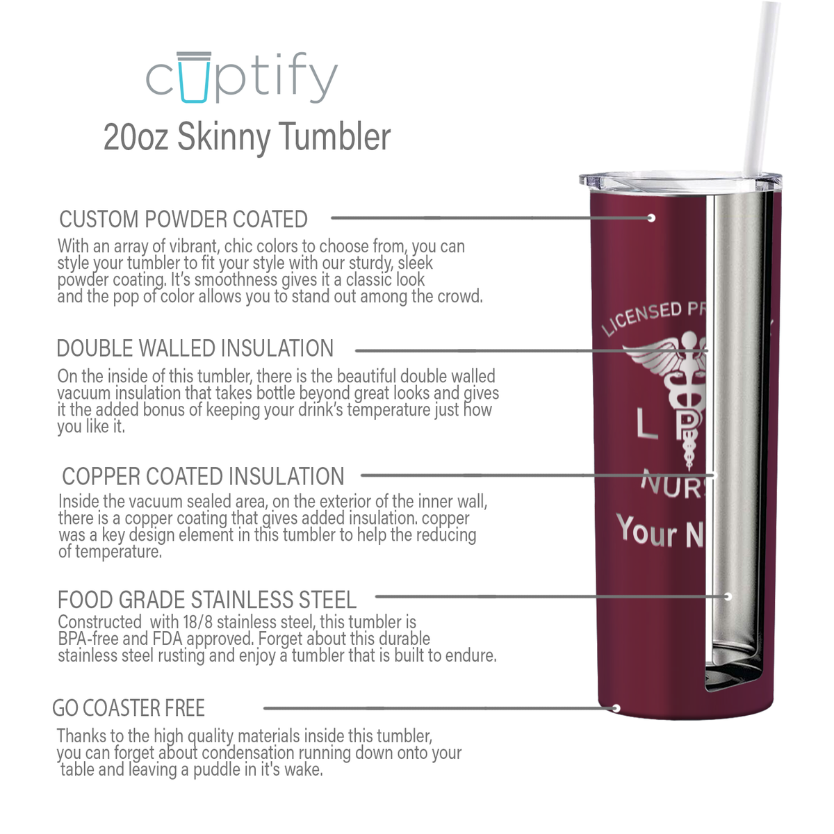 Personalized Nurse Laser Engraved 20oz Skinny Tumbler - Maroon Gloss