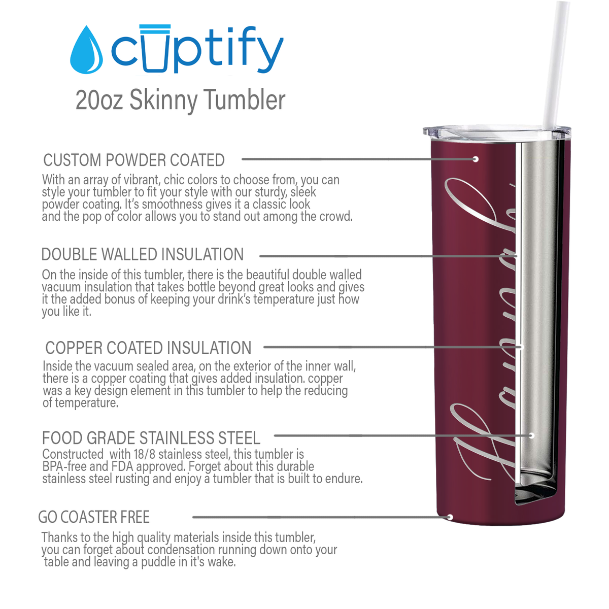 Personalized Engraved 20 oz Skinny 20oz Tumbler - Maroon Gloss