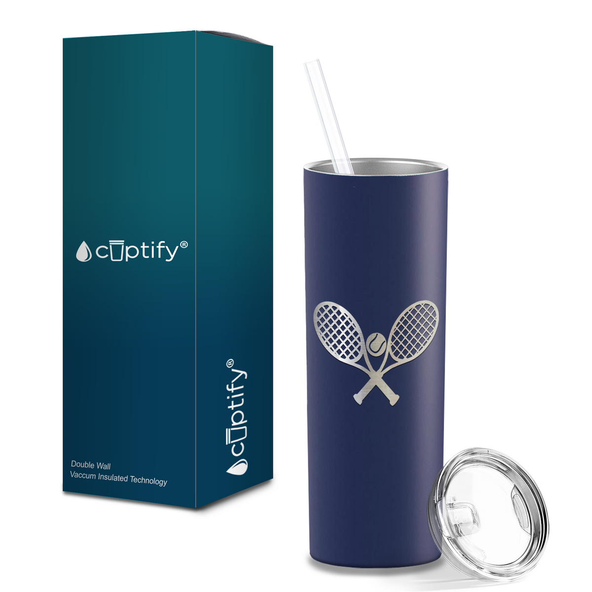 Tennis Rackets and Ball Laser Engraved on Stainless Steel Tennis Tumbler