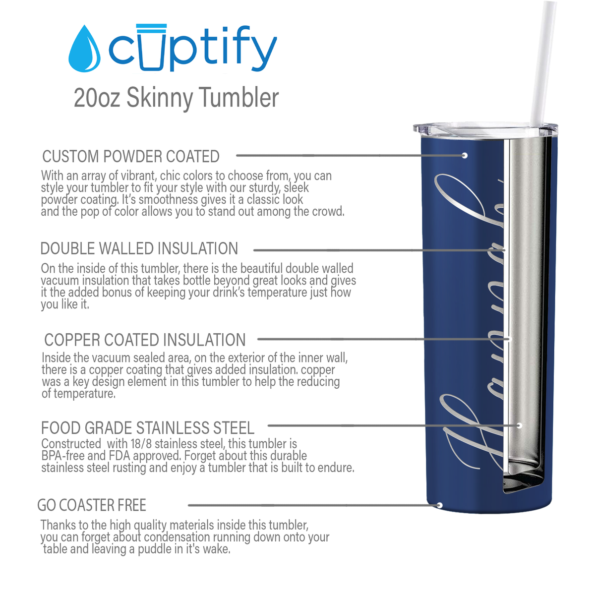 Personalized Engraved 20 oz Skinny 20oz Tumbler - Navy Blue Gloss