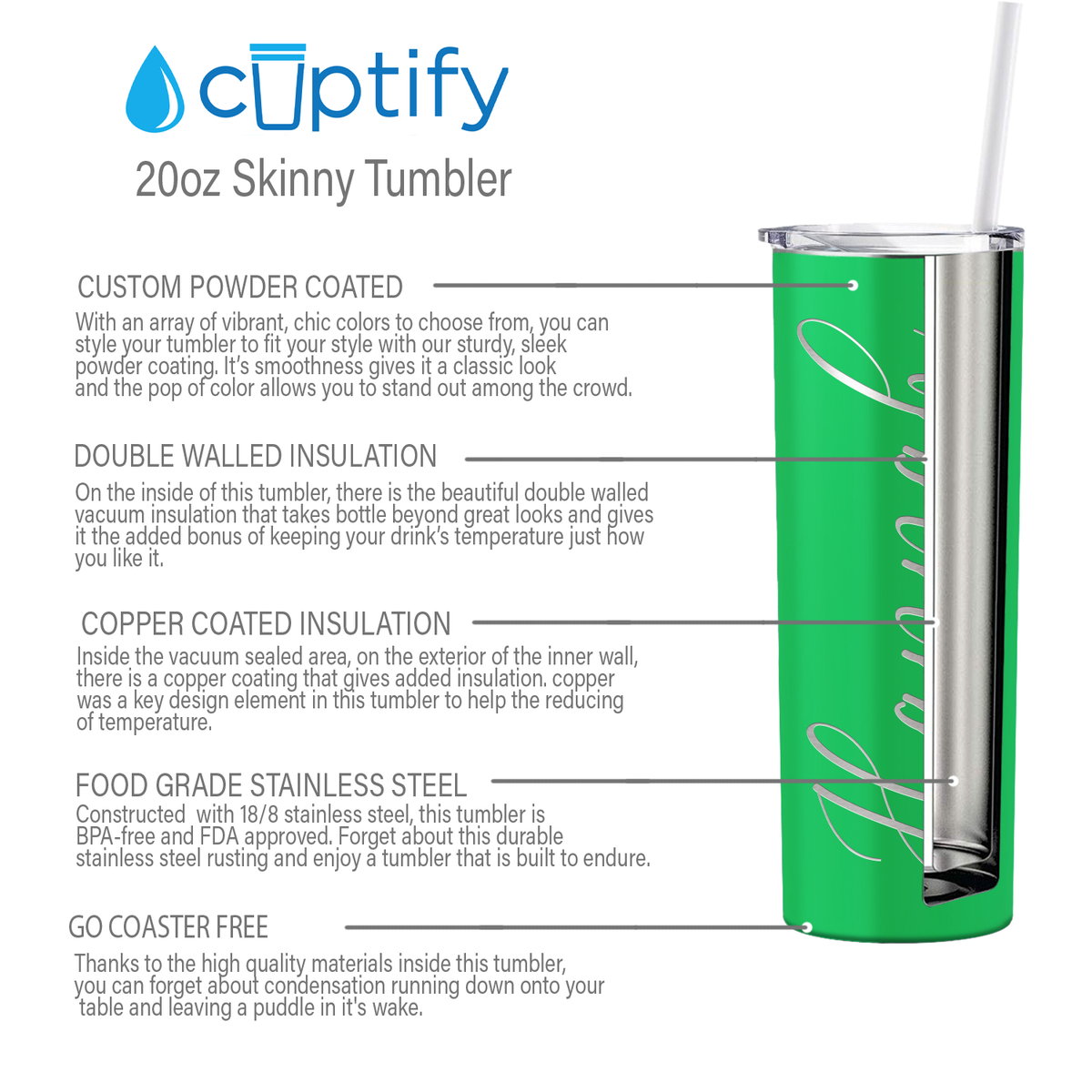Personalized Engraved 20 oz Skinny 20oz Tumbler - Neon Green Gloss
