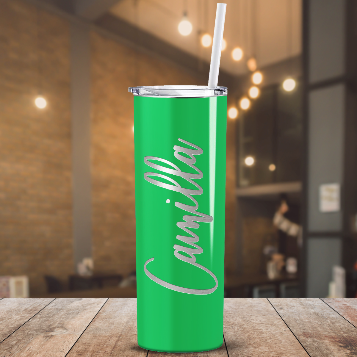 Personalized Engraved 20 oz Skinny 20oz Tumbler - Neon Green Gloss