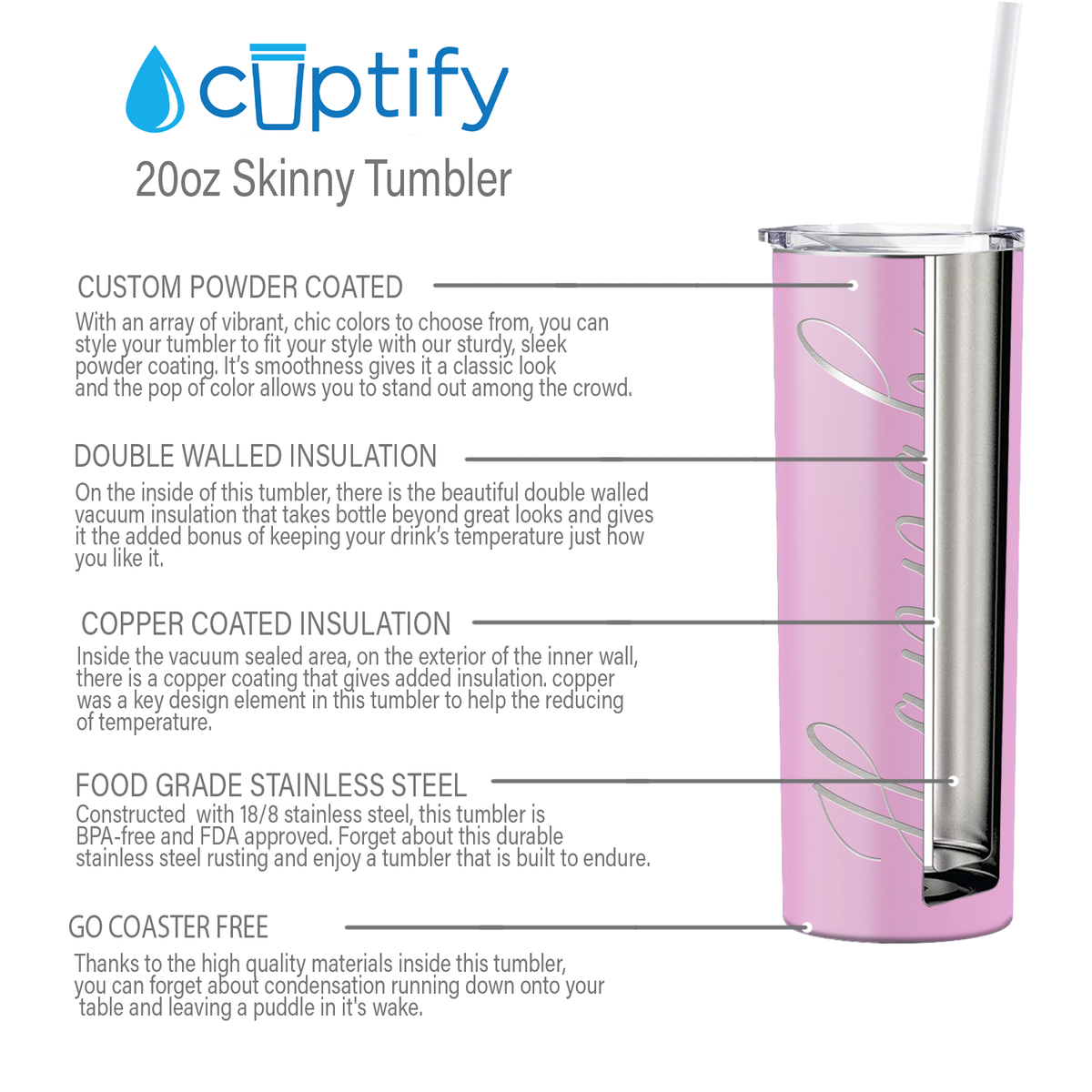 Personalized Engraved 20 oz Skinny 20oz Tumbler - Pastel Pink Gloss
