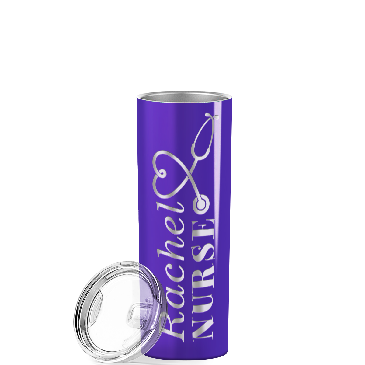 Personalized Nurse Laser Engraved 20oz Skinny Tumbler - Purple Gloss Glitter