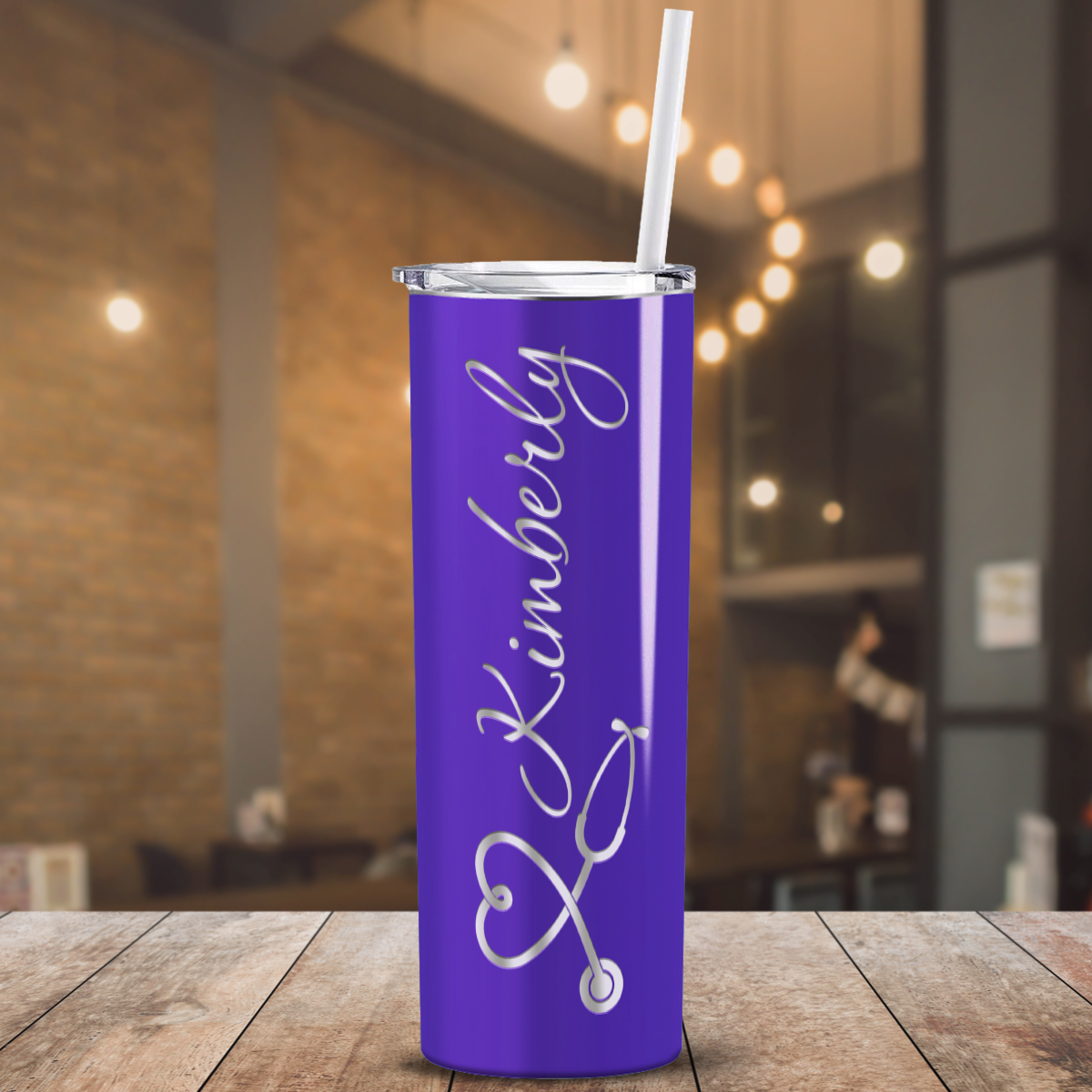 Personalized Nurse Laser Engraved 20oz Skinny Tumbler - Purple Gloss Glitter
