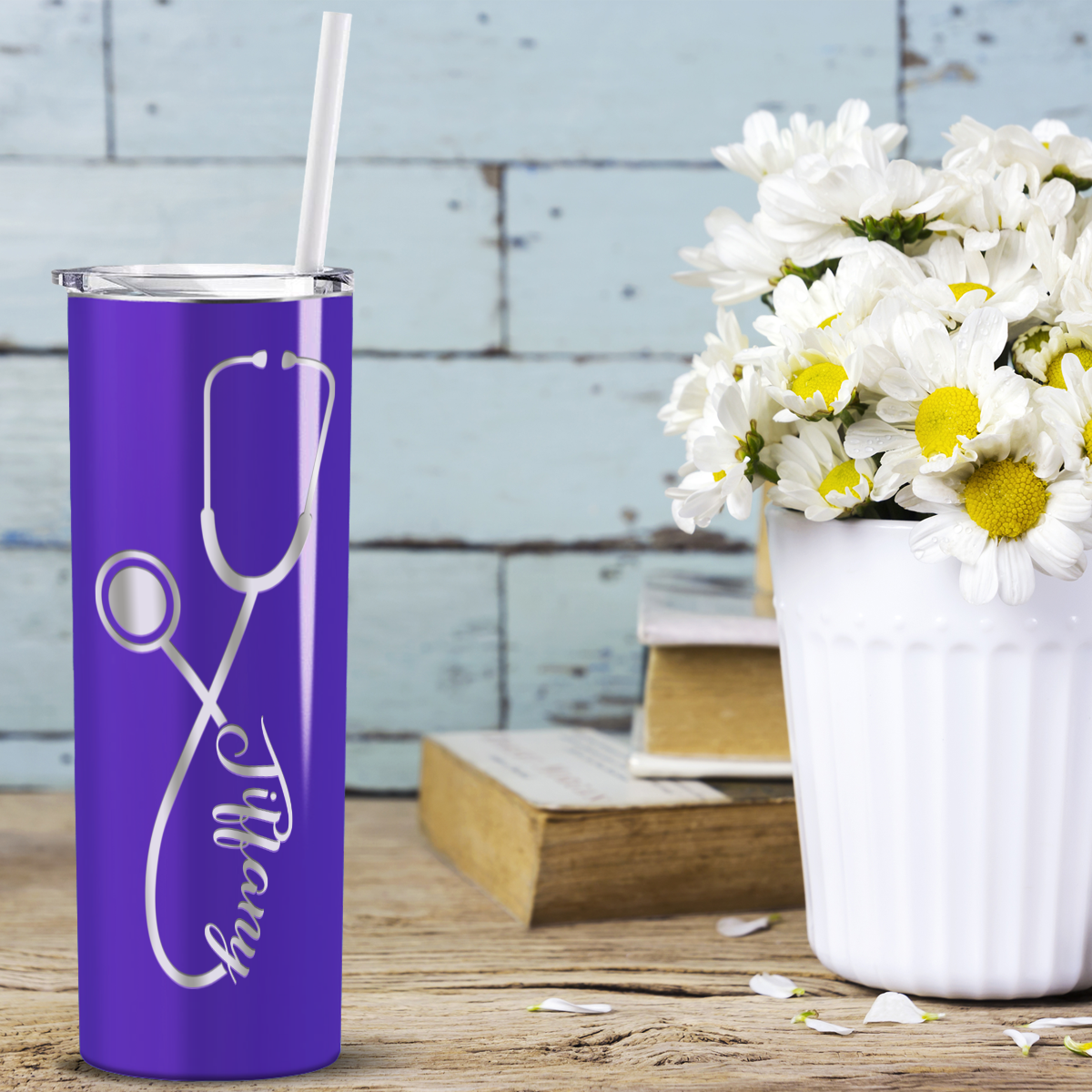 Personalized Nurse Laser Engraved 20oz Skinny Tumbler - Purple Gloss Glitter