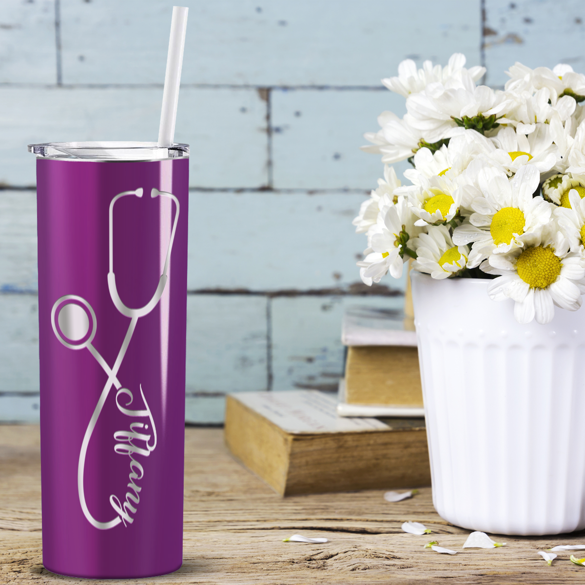 Personalized Nurse Laser Engraved 20oz Skinny Tumbler - Plum Wine Gloss