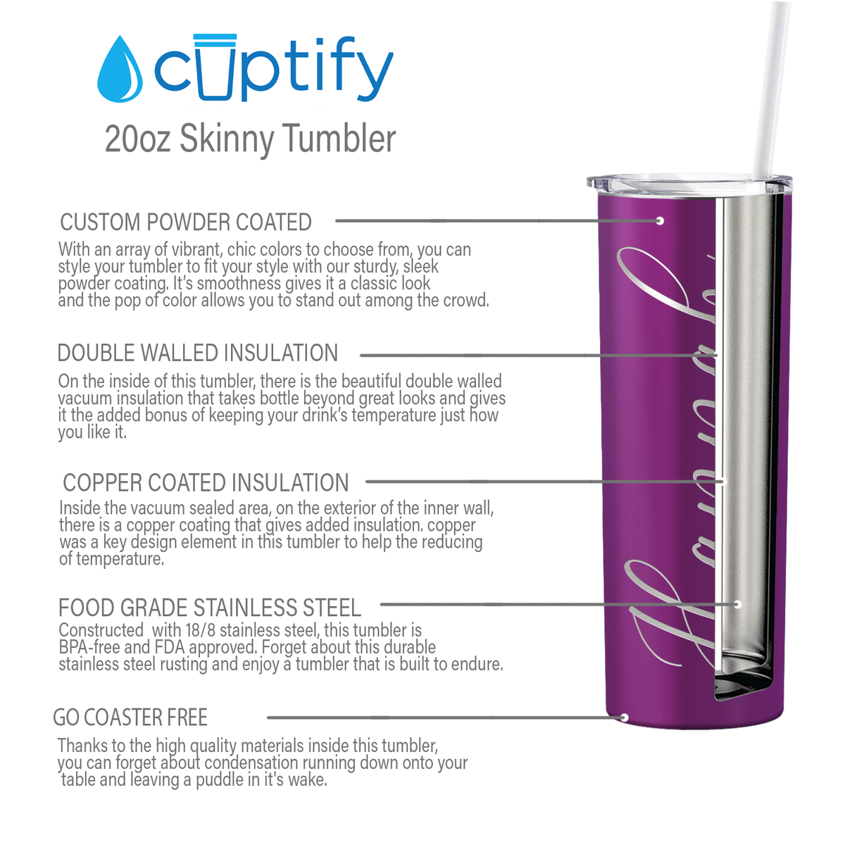 Personalized Engraved 20 oz Skinny 20oz Tumbler - Plum Wine Gloss