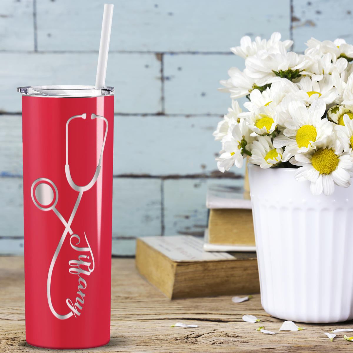 Personalized Nurse Laser Engraved 20oz Skinny Tumbler - Red Gloss