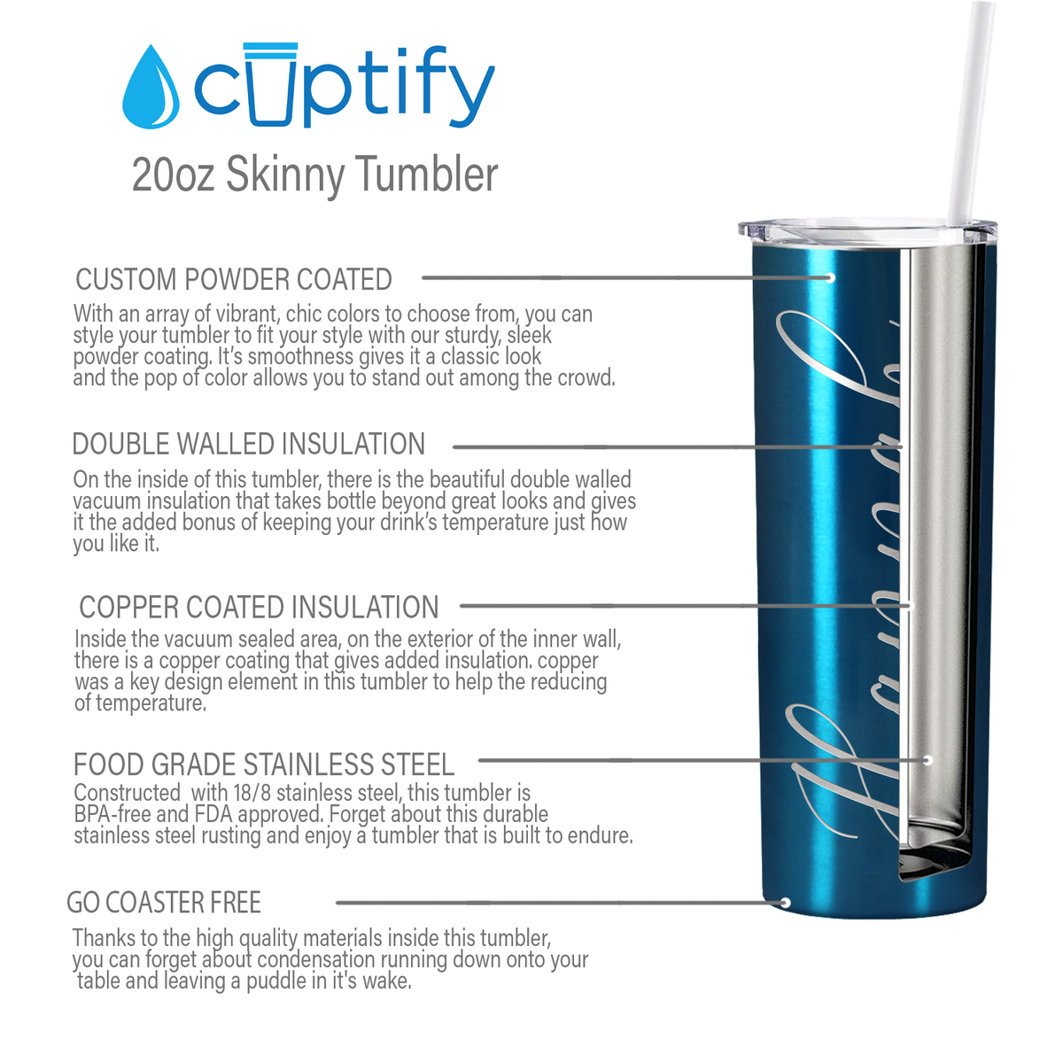 Personalized Engraved 20 oz Skinny 20oz Tumbler - Blue Translucent