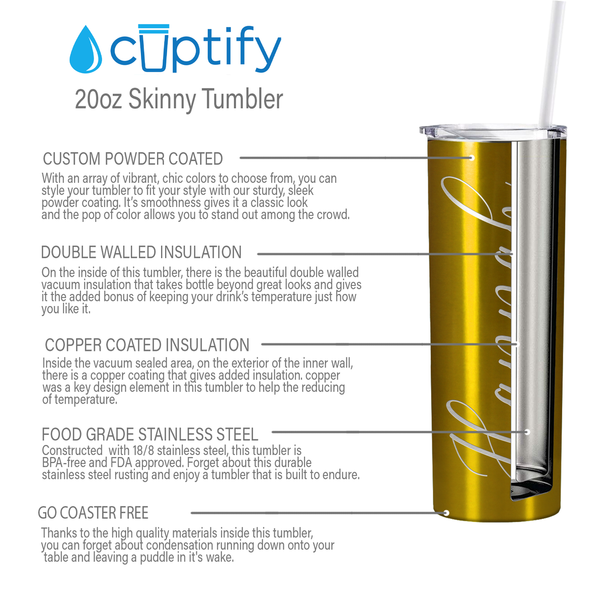 Personalized Engraved 20 oz Skinny 20oz Tumbler - Gold Translucent