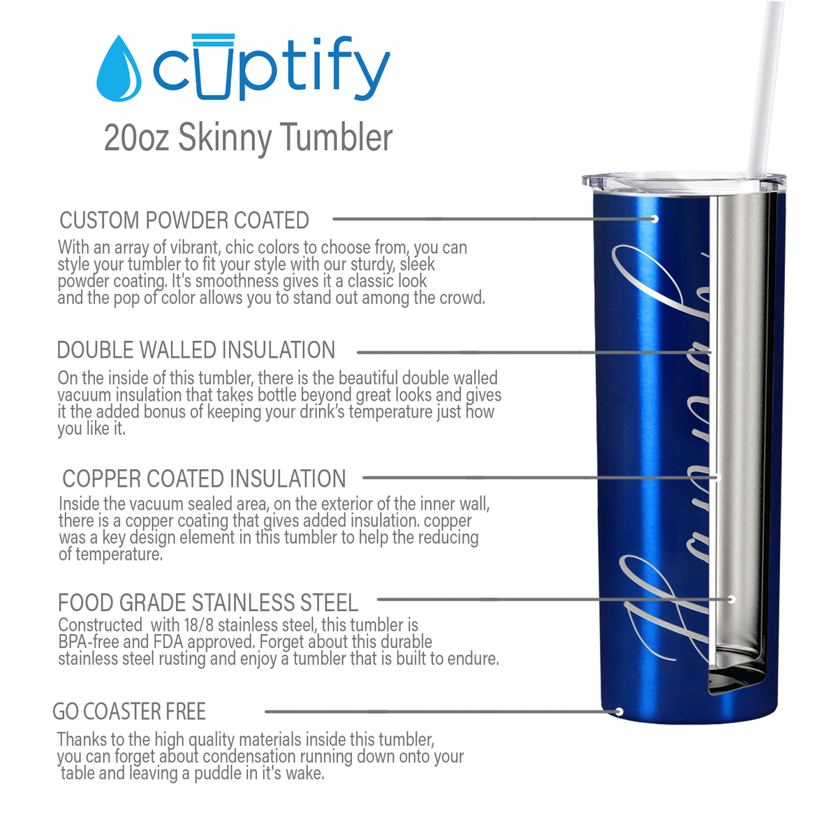 Personalized Engraved 20 oz Skinny 20oz Tumbler - Intense Blue Translucent