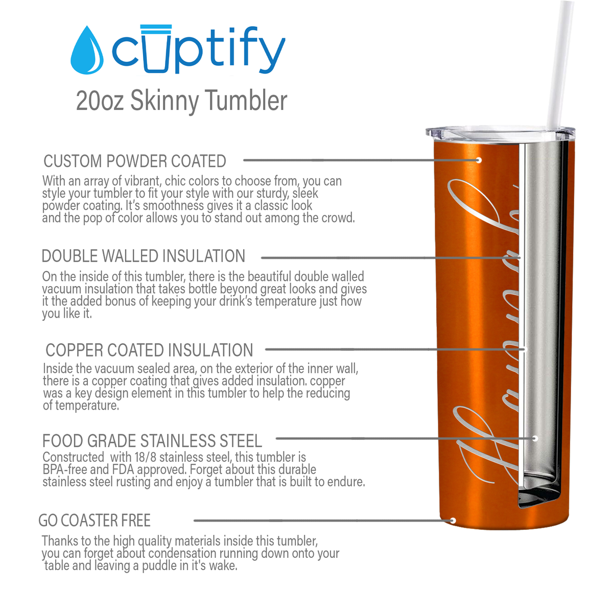 Personalized Engraved 20 oz Skinny 20oz Tumbler - Orange Translucent