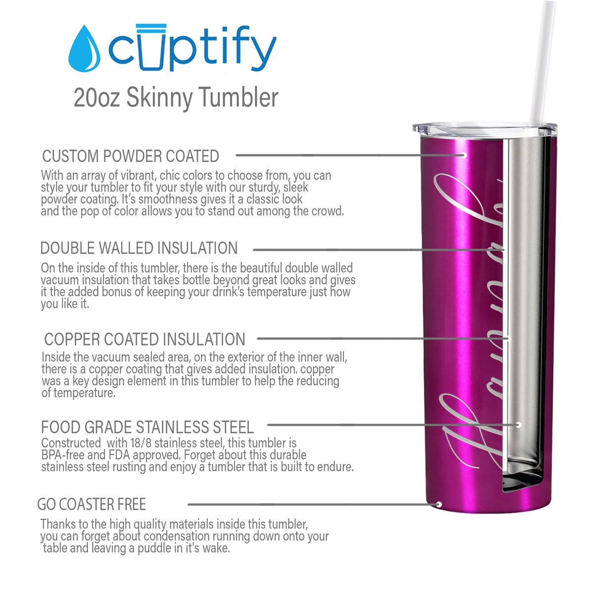 Personalized Engraved 20 oz Skinny 20oz Tumbler - Pink Translucent