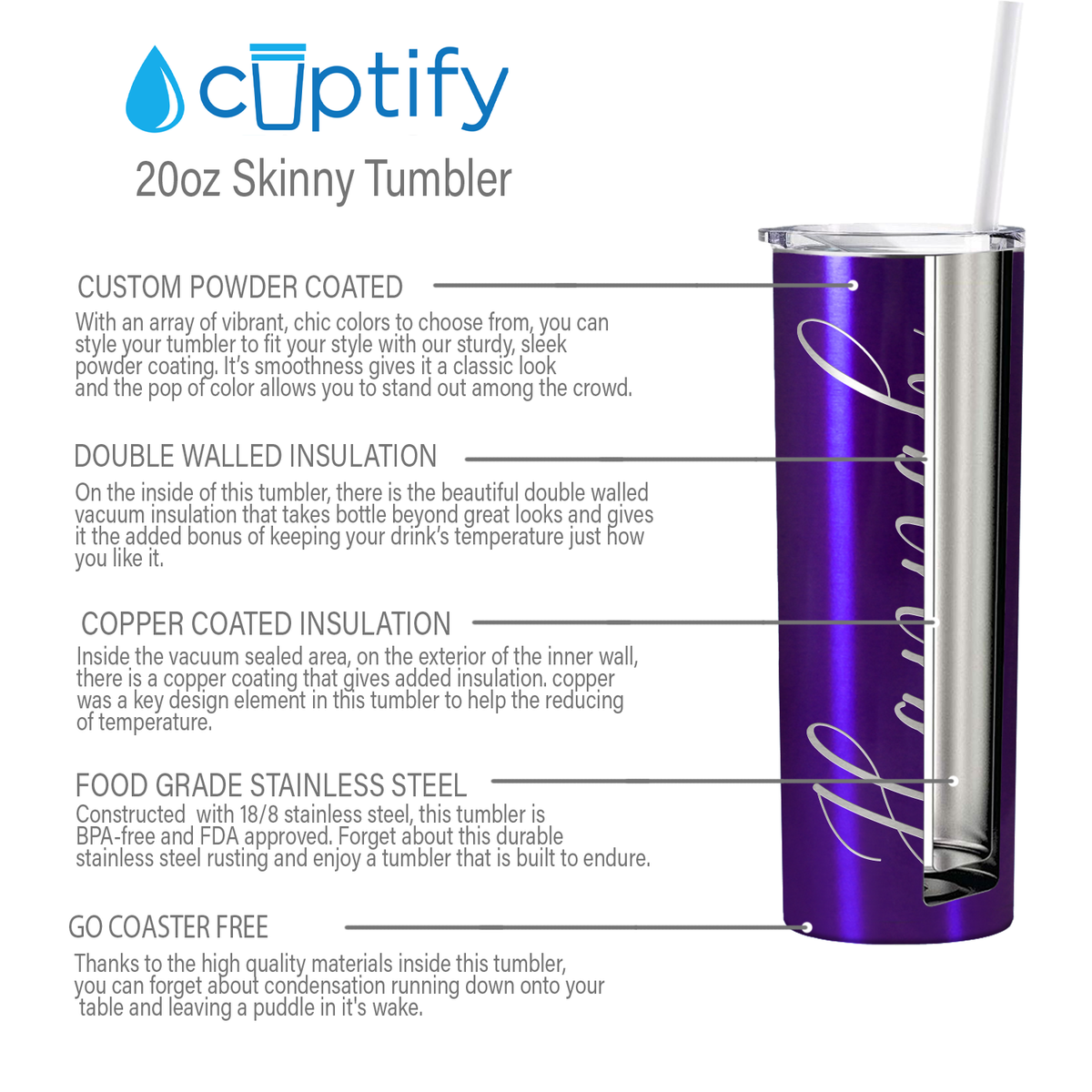 Personalized Engraved 20 oz Skinny 20oz Tumbler - Purple Translucent