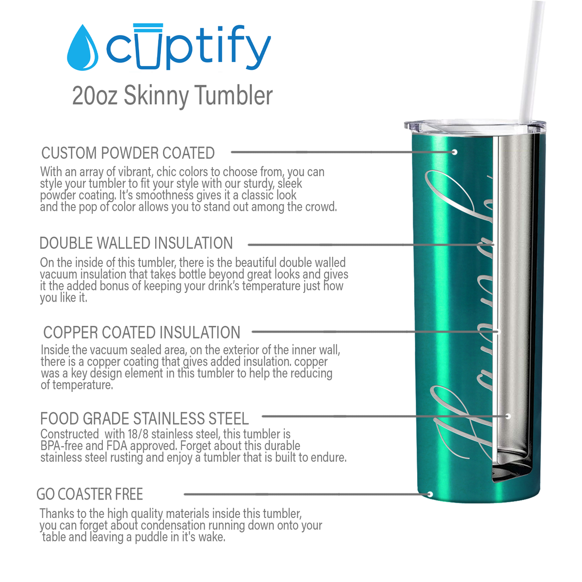 Personalized Engraved 20 oz Skinny 20oz Tumbler - Teal Translucent