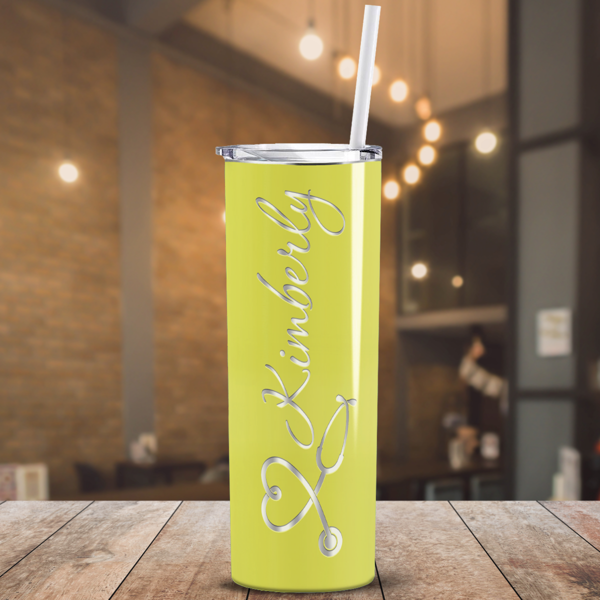 Personalized Nurse Laser Engraved 20oz Skinny Tumbler - Yellow Gloss
