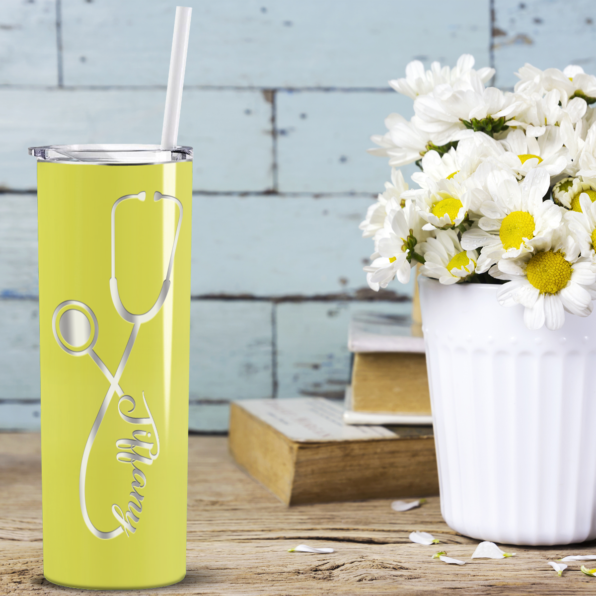 Personalized Nurse Laser Engraved 20oz Skinny Tumbler - Yellow Gloss